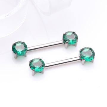 Detail View 1 of A Pair of Implant Grade Titanium OneFit Threadless Prong Gem Sparkle Nipple Barbell-Emerald